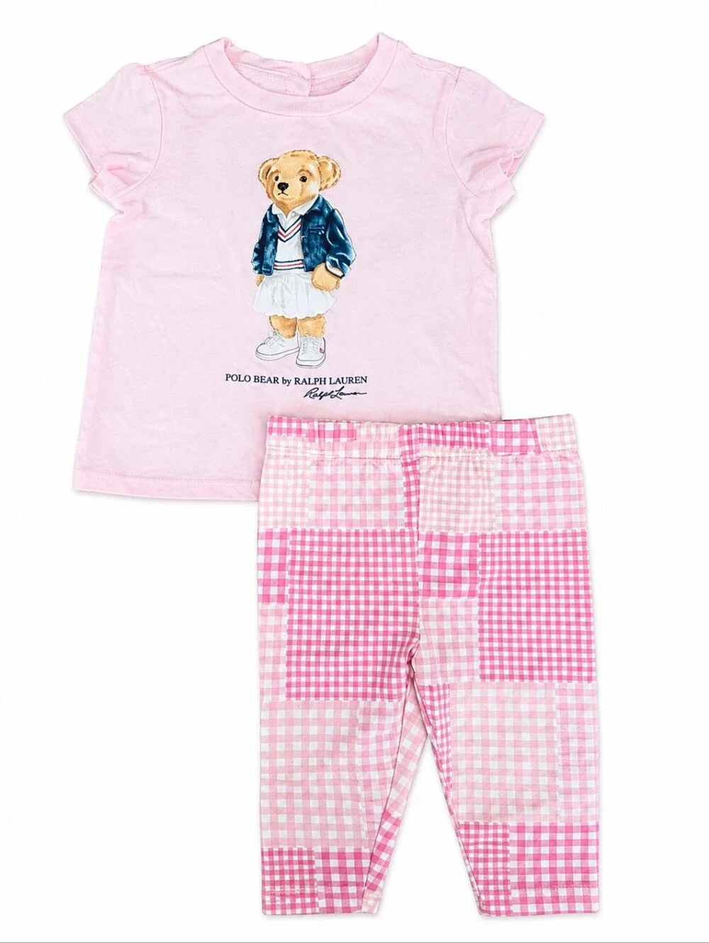 Polo Ralph Lauren Baby Girls Bear T-Shirt & Gingham Leggings Outfit Size 9m